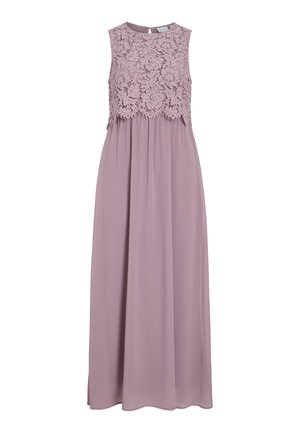 Maxi dress in muted lavender, featuring a lace bodice and sleeveless design. Flowing fabric with a subtle sheen and gathered waist detail.