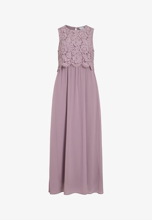 Maxi kleit heledas lavendlise värvitoonis, millel on pitsist põhi ja ilma varrukateta disain. Voogav kangas kerge sära ja kogutud taljeDetailiga.