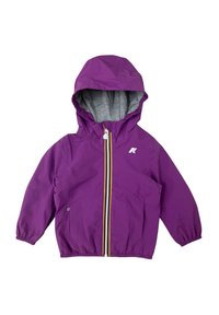 Giacca leggera viola con fodera grigia del cappuccio, polsini elasticizzati e zip frontale con un accento giallo. Include tasche laterali.