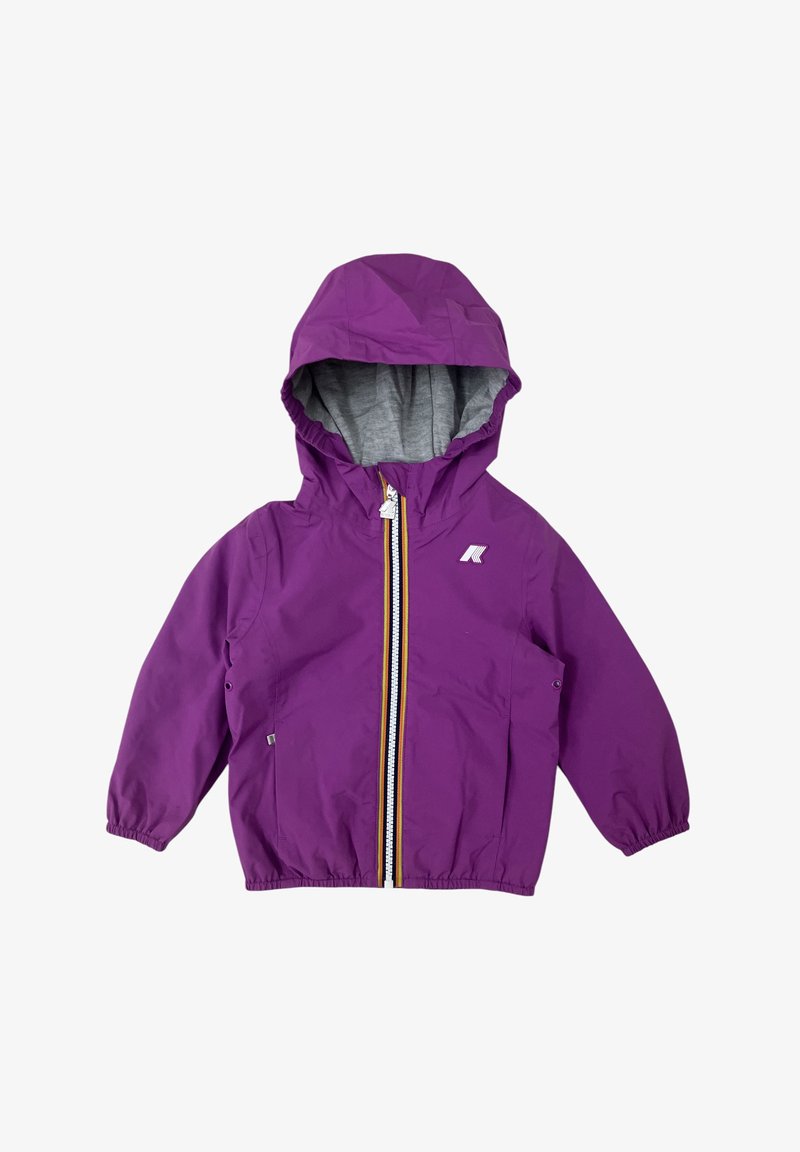 Giacca leggera viola con fodera grigia del cappuccio, polsini elasticizzati e zip frontale con un accento giallo. Include tasche laterali.