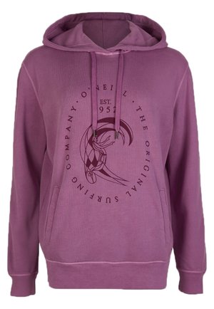 Paarse hoodie met voorzak in kangoeroestijl, trekkoorden en een rond surfbedrijfslogo met een surfend figuur en de tekst "O'Neill Est. 1952".