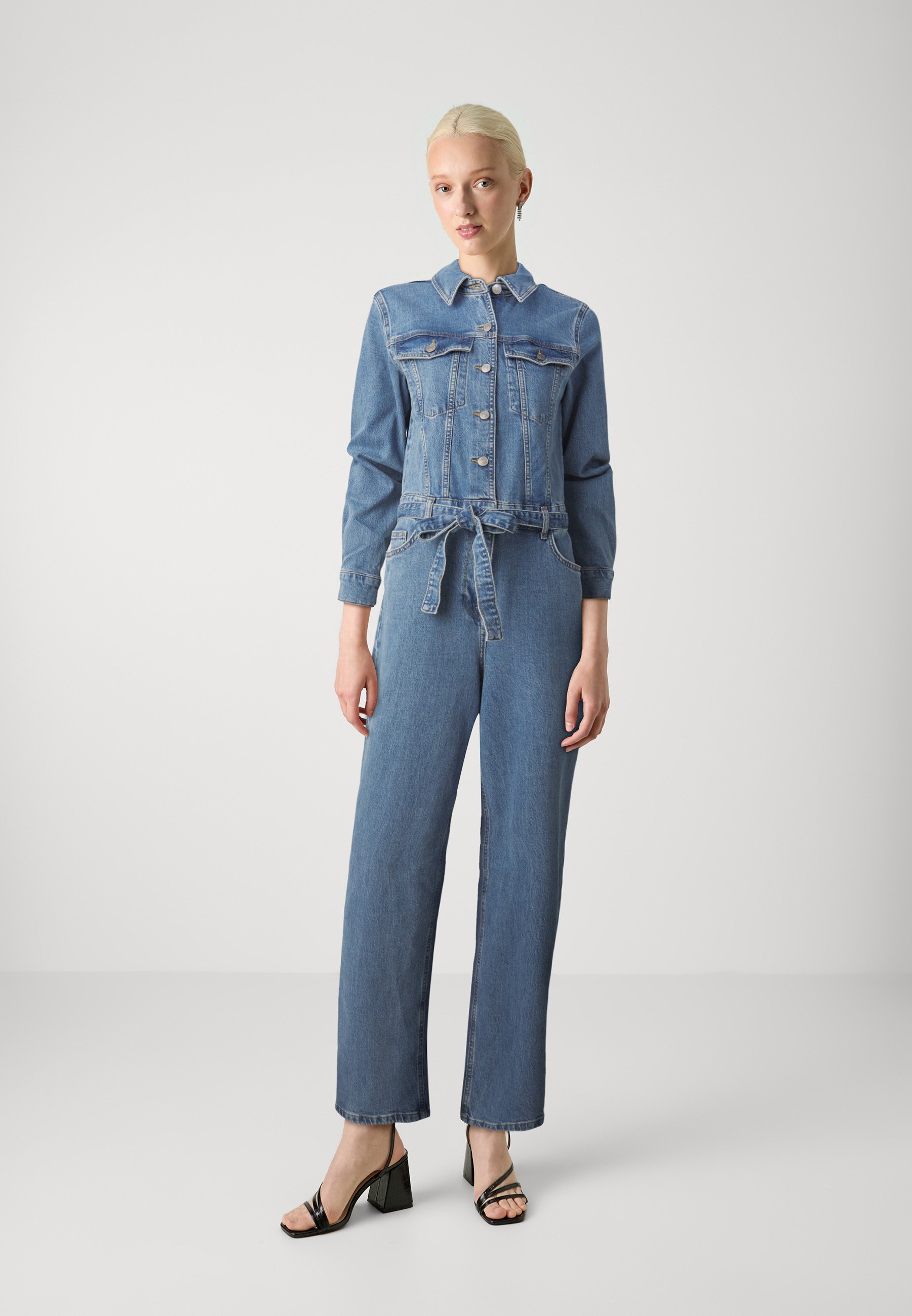 Combinaison Jeans Femme Manches Longues - Taille Haute, Coupe Slim, Décontractée, En Denim Stretch Lavé