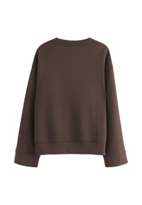 Brun sweatshirt med rundad halsringning, långa ärmar och ribbade manschetter. Mjukt tyg med en något texturerad finish. Inga synliga logotyper eller mönster.
