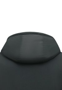 Gewatteerd jack met capuchon in donkergrijze stof, met een gladde textuur en een licht gewatteerde capuchon. Voorzien van twee knopen bij de halslijn.