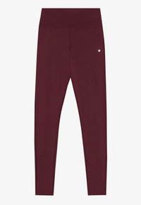 Maroon leggings made from stretchy fabric. Features a wide waistband and minimal branding on the left thigh. Smooth texture with no patterns.