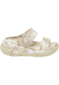 Klare sandaler med et marmorbeige og creme-mønster, der har et bredt stropdesign og en struktureret sål for greb. Letvægts og fleksible.