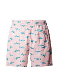 Růžové plavkové šortky s potiskem modrých žraloků, vybavené elastickým pasem a malou zadní kapsou s knoflíkovým zapínáním.