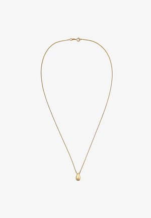 Collier doré avec une chaîne fine et un pendentif en forme de goutte. Le pendentif a une finition mate lisse et pend de manière centrale à la chaîne.