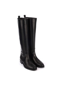 Stivali neri in pelle fino al ginocchio con una texture liscia, punta rotonda, tacco basso a blocco e una linguetta superiore per un facile indossamento.