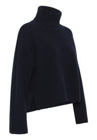Black ribbed turtleneck sweater with a relaxed fit, featuring long sleeves and a cropped hem, made from soft, textured knit material.