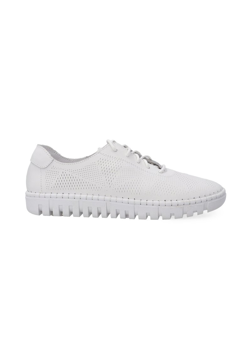 White lace-up sneakers made of perforated synthetic material. Features a textured upper, padded collar, and a segmented rubber sole.