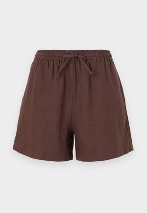 Shorts en lin marron avec une taille élastique, cordon de serrage ajustable et poches latérales. Présentent une coupe décontractée et une texture légère.