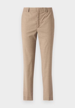 Beige tailored pants with a smooth texture, straight legs, and a zipper fly. Features front pockets and a subtle herringbone pattern.