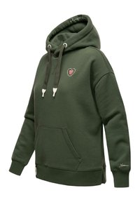 Sudadera verde oliva con un bolsillo frontal, capucha con cuerda de ajuste y diseño de corazón bordado. Presenta puños acanalados y aberturas laterales. Textura suave.