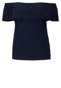 Marinblå off-shoulder-topp med elastisk halsringning och dekorativ spetskant längs volangen.