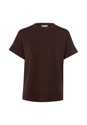 Donkerbruine T-shirt met korte mouwen, opgerolde manchetten en een ronde hals, getoond op een witte achtergrond.