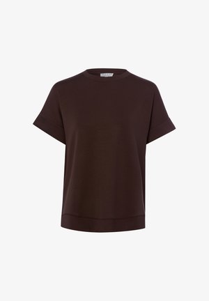 T-shirt marron foncé à manches courtes avec des poignets retroussés et un col rond, présenté sur fond blanc.