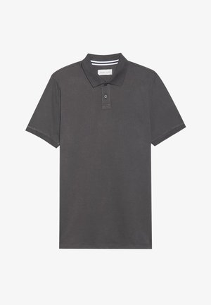Mørkegrå polo-skjorte laget av bomull, med krage, tre-knapps pløtt og korte ermer med en lett tekstur.