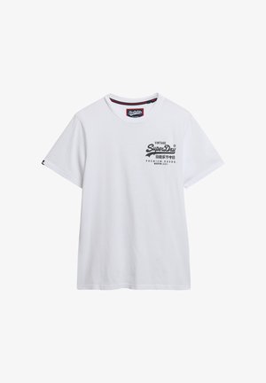 Hvid kortærmet T-shirt med rund hals og sort "Vintage SuperDry" logo samt japansk tekst på venstre bryst.