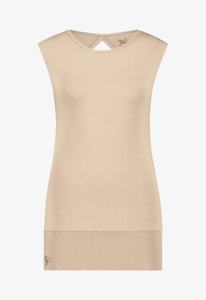 Beige liivitön paita, jossa on pyöreä pääntie, kevyet olkapäät ja pieni brodeerattu logo helmassa vasemmalla puolella.