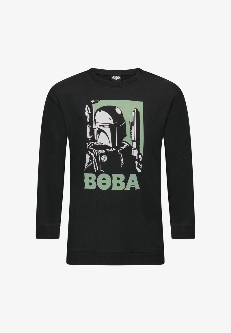 Schwarzes langärmeliges T-Shirt mit einer Grafik von Boba Fett, grünen Akzenten und fettem Text "BOBA" am unteren Rand. Aus Baumwollmaterial.
