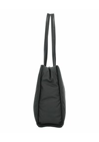Zwarte, gevoerde totebag met een trapeziumvorm, slank ontwerp en twee lange hengsels om te dragen. Voorzien van een ritssluiting aan de bovenkant.