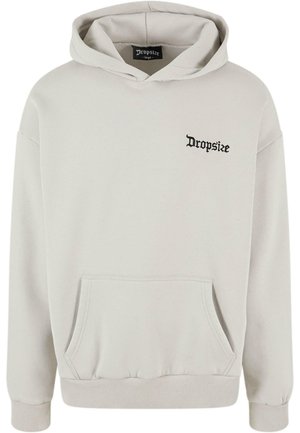 Light grey hooded sweatshirt made of soft fabric, featuring a front pocket and a small black "Dropsize" logo on the left chest.