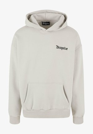Hellgrauer Kapuzenpullover aus weichem Material, mit einer Fronttasche und einem kleinen schwarzen "Dropsize"-Logo auf der linken Brust.