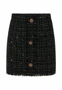 Gonna in tweed nera con motivo a quadri, due tasche frontali, orlo sfrangiato e bottoni dorati prominenti sul davanti.