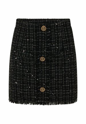 Zwarte tweed rok met een ruitpatroon, twee voorzakken, een rafelige onderkant en opvallende gouden knopen aan de voorkant.