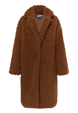 Brun imiteret pelsjakke med en blød, tekstureret overflade, oversized pasform og kæbeformet krave. Har en forfra åbning uden synlige lukninger.