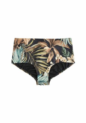 Női magasított derekú bikini alsó trópusi levelekkel és virágmintával, zöld, barna és bézs árnyalatokban, fekete alapon.