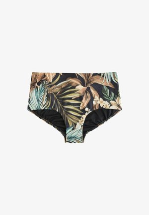 Damesbikinibroekje met hoge taille en tropische print van bladeren en bloemen in groen, bruin en beige tinten op een zwarte achtergrond.
