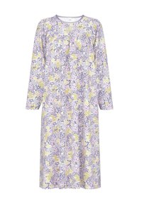 Blumen-Nachtkleid mit langen Ärmeln, das ein lila, gelbes und weißes Muster auf einem hellen Hintergrund zeigt. Rundhalsausschnitt und lockere Passform.