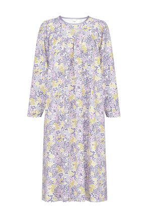 Vestaglia floreale con maniche lunghe, caratterizzata da una stampa viola, gialla e bianca su uno sfondo chiaro. Collo tondo e vestibilità comoda.