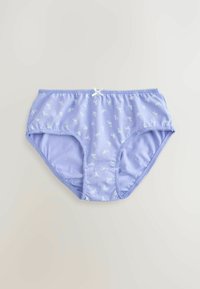 Lichtpaarse katoenen slip met een wit bloemenpatroon. Bevat een zachte, elastische tailleband en een kleine witte strikaccent aan de voorkant.