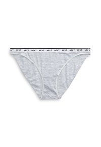 Šedé bavlnené slipy s čiernobielym pásom s logom. Majú hladký povrch a klasický strih.