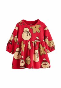 Rotes geripptes Kleid mit festlichen Mustern von Schneemännern, Rentieren und Lebkuchenfiguren. Lange Ärmel und ein gerafftes Rockdesign.