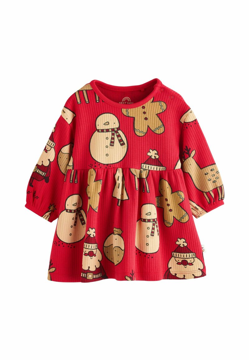 Rotes geripptes Kleid mit festlichen Mustern von Schneemännern, Rentieren und Lebkuchenfiguren. Lange Ärmel und ein gerafftes Rockdesign.