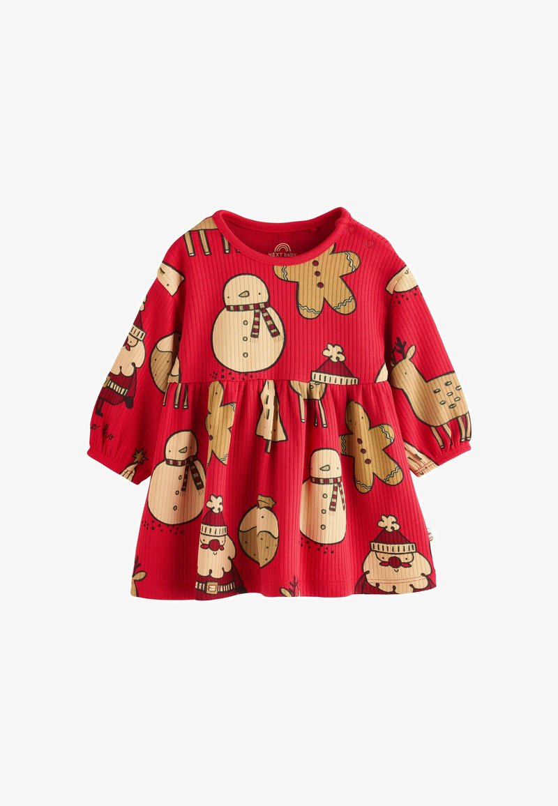 Robe côtelée rouge avec des motifs festifs de bonhommes de neige, de rennes et de figurines en pain d'épice. Manches longues et design de jupe froncée.