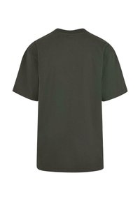 Dark green short-sleeve T-shirt made of cotton. Simple crew neck design, straight cut, and smooth texture with no visible logos or patterns.