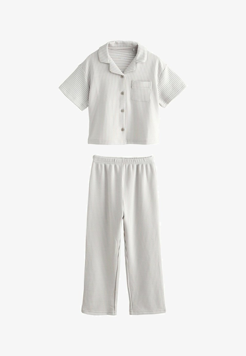 Chemise à manches courtes boutonnée avec poche poitrine et pantalon à rayures assorti à taille élastique en gris clair et blanc.
