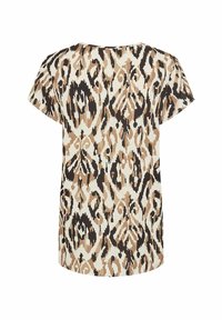 Short-sleeve top in a beige, brown, and black animal print. Soft fabric, round neck, loose fit, with a flowing design and no visible hardware.