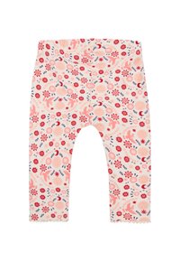 Leggings floraux avec un fond rose clair, ornés de fleurs rouges et bleu marine, d'oiseaux et de feuilles, bordure festonnée détaillée, tissu extensible.