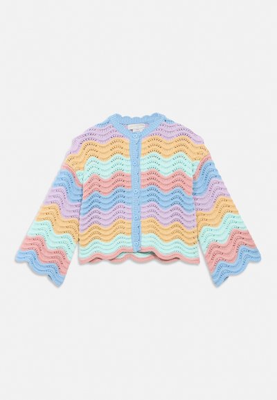Crocheted cardigan with wavy stripes in pastel blue, pink, yellow, purple, and mint, featuring buttons and flared sleeves.