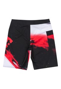 Čierne plavky s živým červeným a bielym abstraktným vzorom. Vyrobené z hladkého, ľahkého materiálu; obsahujú bočné vrecká.