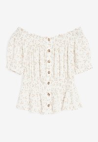 Off-the-shoulder bluse i creme med blomsterprint, med puffede ærmer, smocket talje og bronze knapper ned ad fronten.