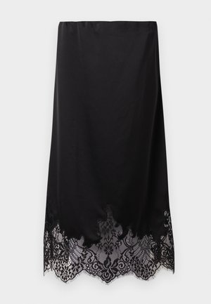 Mustast midi seelikust, millel on keerukas lilleline pitsääris ääres, sile kangas ja sirge siluett.