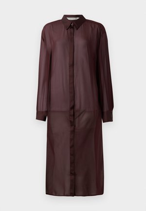 Vestito camicia trasparente in borgogna con colletto, maniche lunghe e chiusura frontale con bottoni; include polsini con bottoni e una vestibilità dritta.