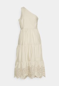 Vestido beige de un solo hombro en algodón con diseño en capas. El dobladillo presenta intrincados recortes circulares y bordes en forma de concha.